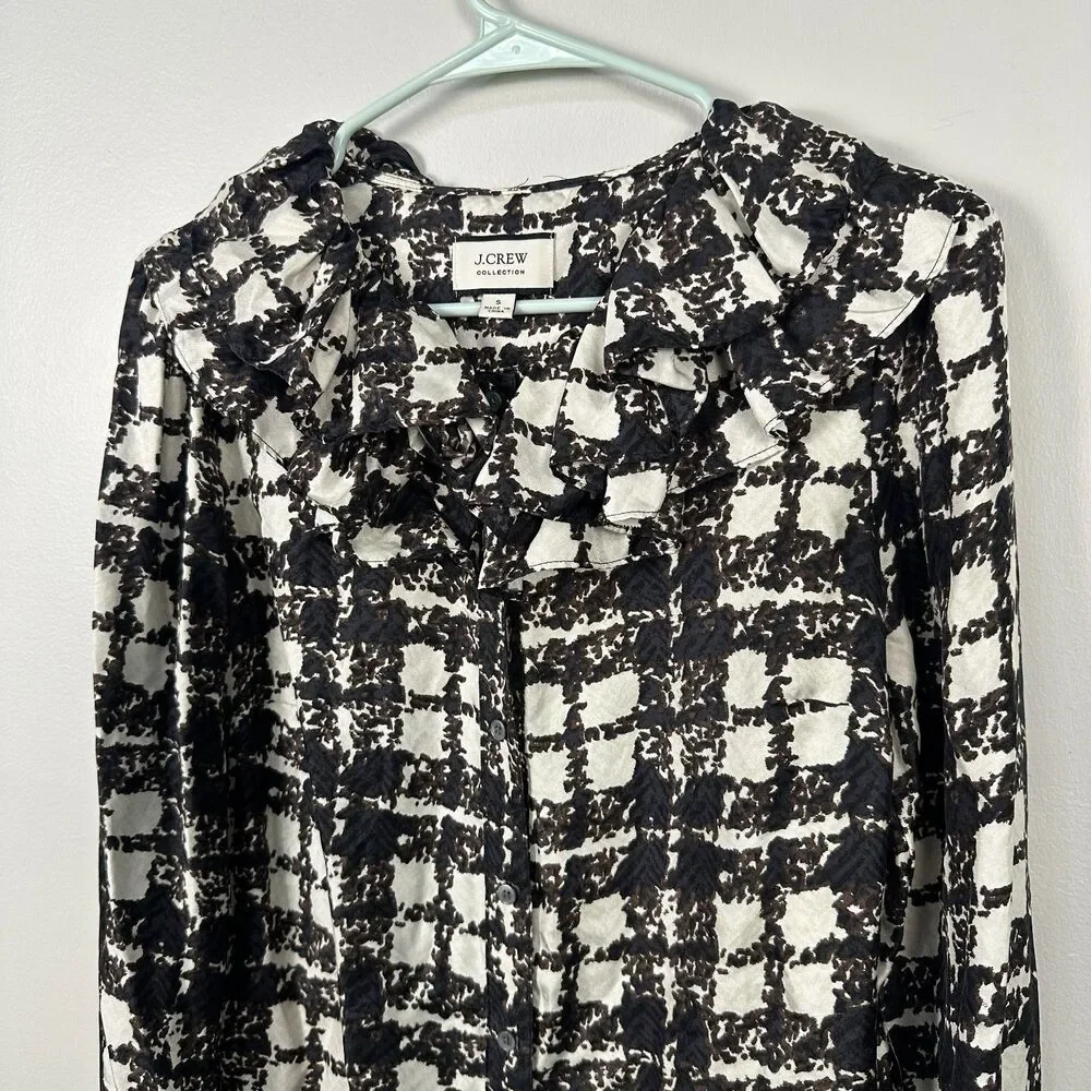 J. Crew Silk Twill Plaid Ruffle Womens Top Blouse Small Button Business
